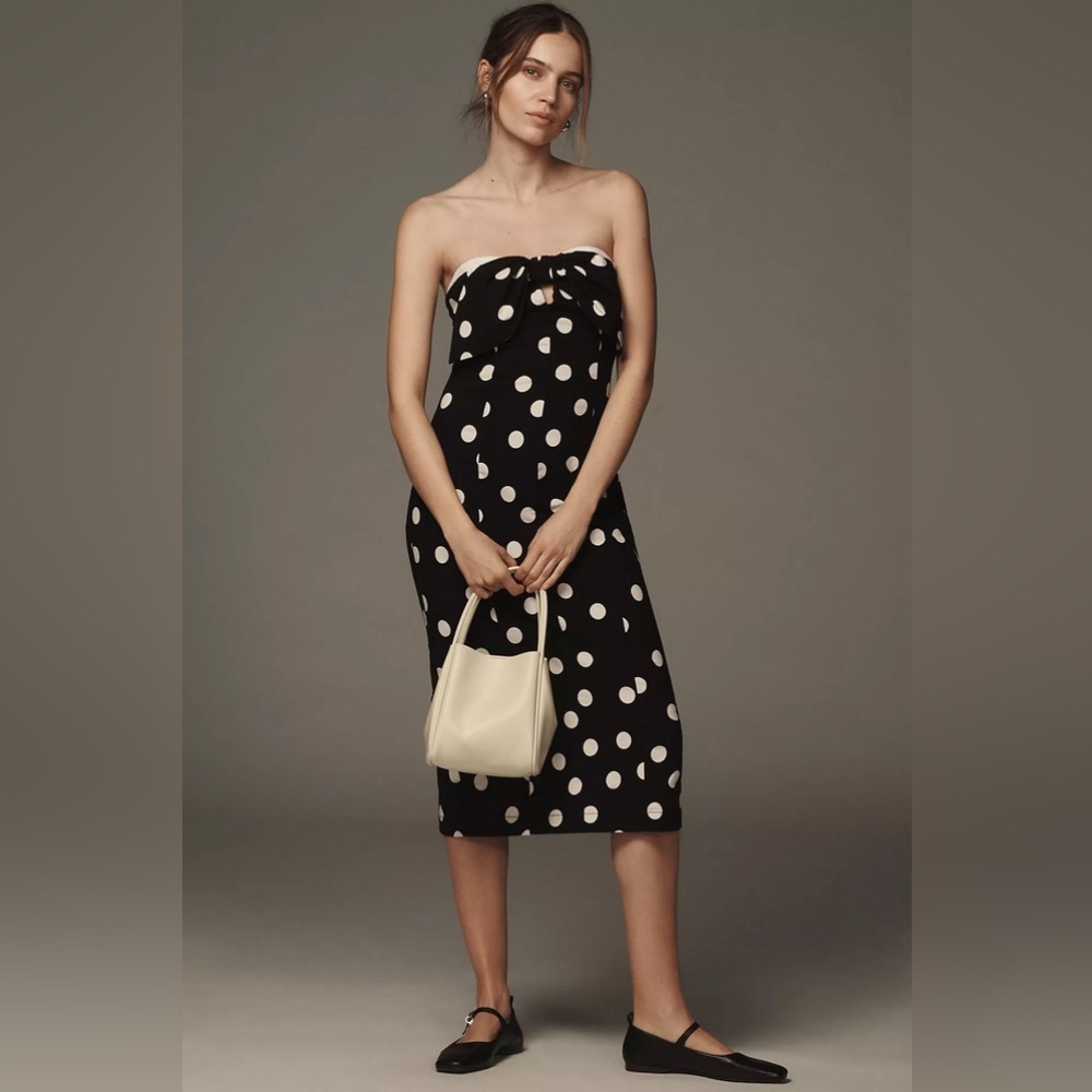 ANTHROPOLOGIE Strapless Bow-Front Polka Dot Midi Dress NWOT Size Large